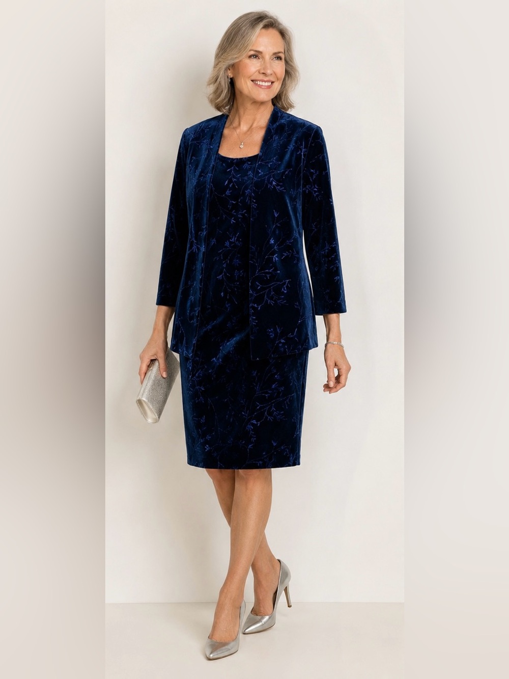 Teddi Evening Blue Velvet 2 Piece Dress Jacket Set Size 14 Formal